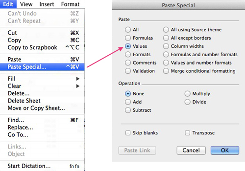 shortcut for paste special in excel mac